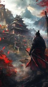 Armored ronin overlooking misty mountain citadel in autumn