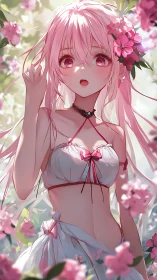 Springlight anime girl amid pink blossom petals in bloom.