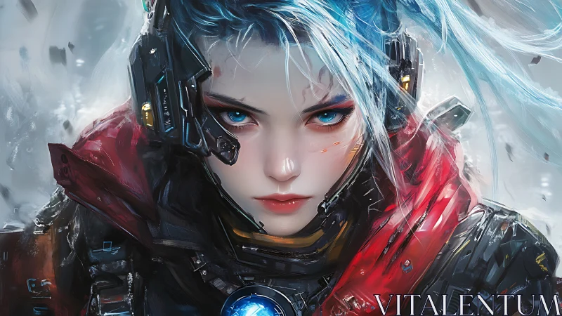 Cybernetic warrior girl stares forward with icy intensity