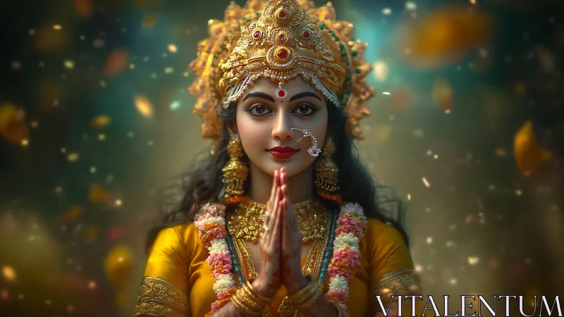 Digital portrait of woman in ornate Hindu-inspired attire.