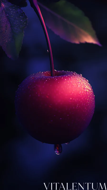 Chromatic macro study of dewy cherry under low-key light.