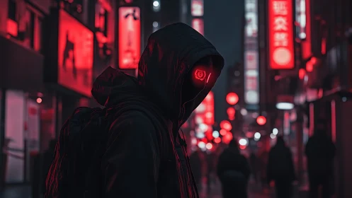 Hooded figure with red digital eye in neon city street at night.