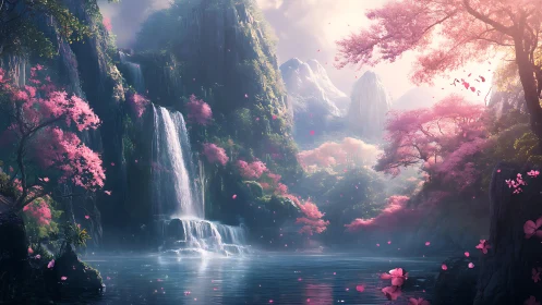 Spectral cascade in a bioluminescent cherry blossom valley.