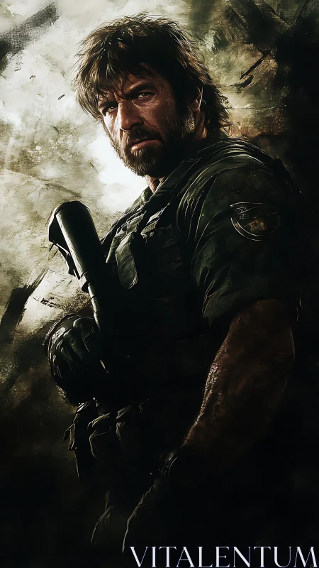 Battle-hardened soldier waits amid smoky battlefield haze.