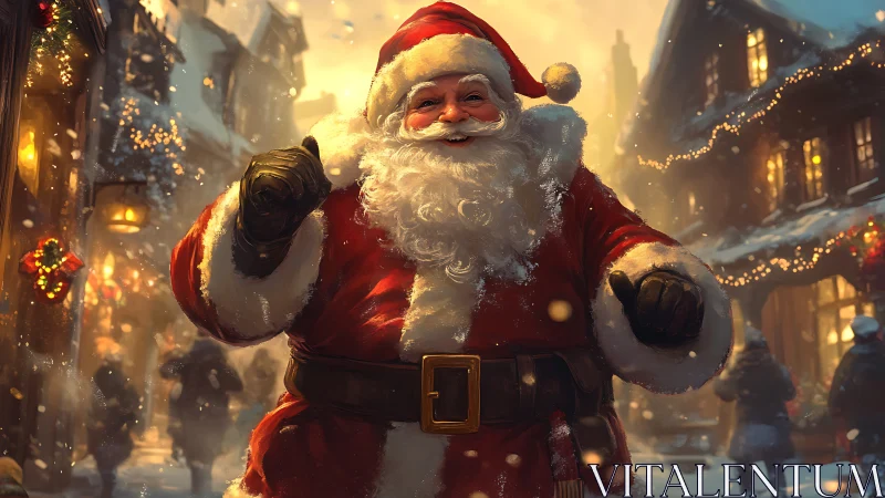 Festive Santa Claus in snowy illuminated Christmas market street