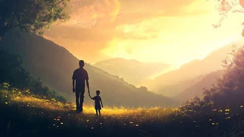 Father and child walk through golden valley sunset meadow.