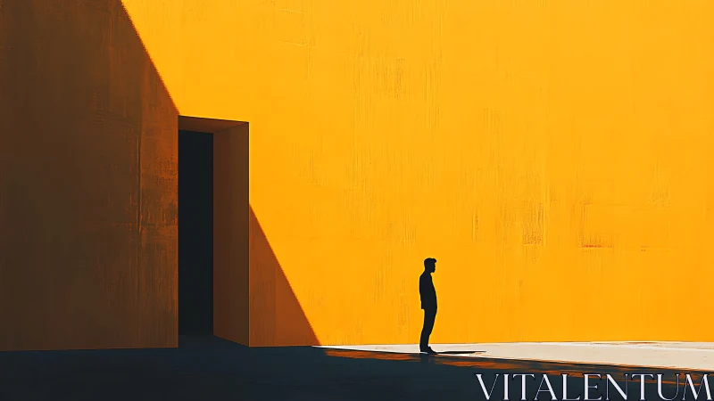 Lone figure beside large yellow wall and dark doorway.