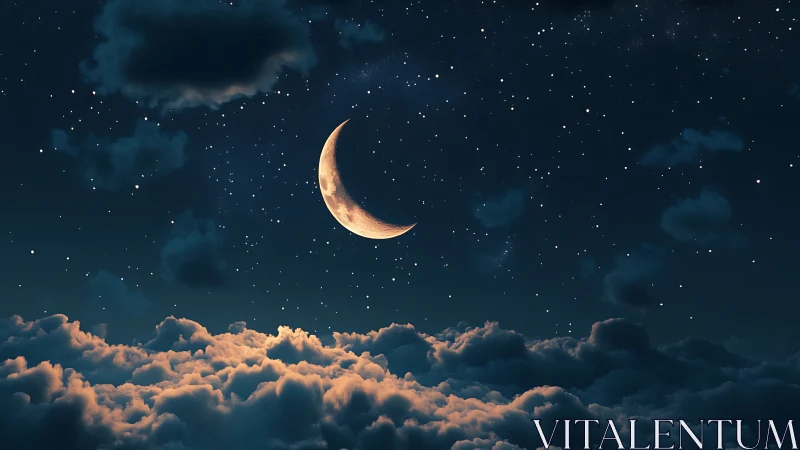 Gentle crescent moon glowing softly above dreamy clouds.