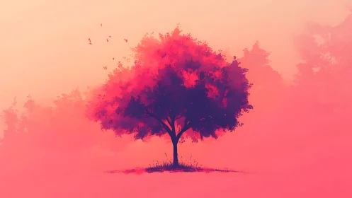 Solitary tree silhouette in pink and orange gradient field.