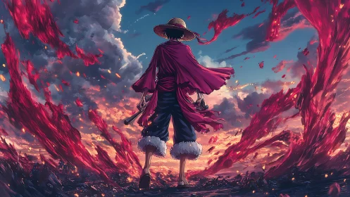 Straw hat wanderer commands blazing crimson storm skies.