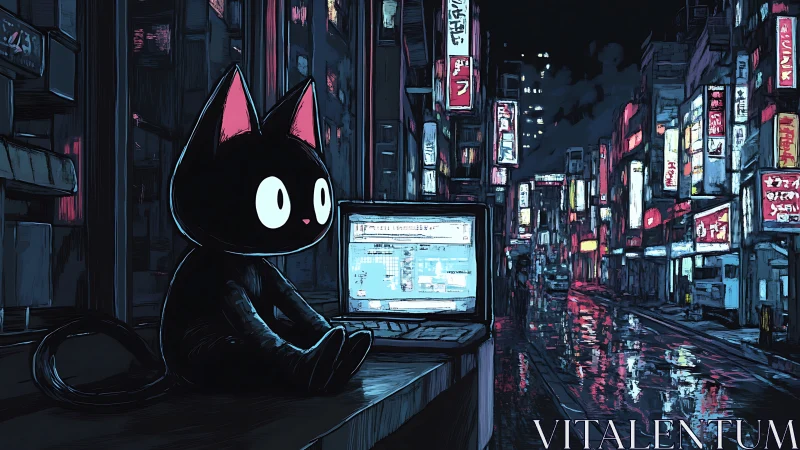 Nocturnal neon cityscape with networked cartoon cat sentinel.