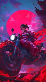 Samurai rider accelerates through crimson storm beneath moon