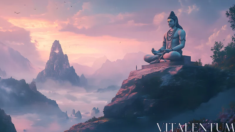 Serene mountain deity watches over misty valley at sunrise