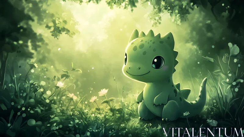Cartoon dinosaur sits in soft green forest light clearing