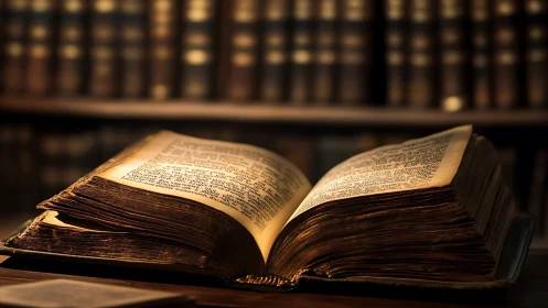 Illuminated antique book with aged pages under warm library light