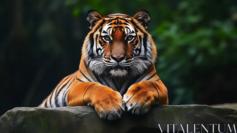 Tiger rests on rock ledge with paws forward and direct gaze