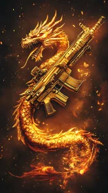 Golden serpentine dragon coils around tactical assault rifle in flames