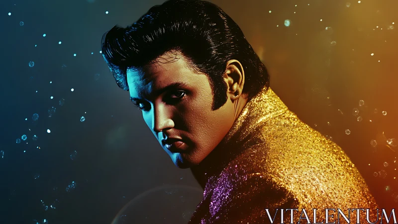 Glamorous crooner in glittering gold jacket, moody lighting.
