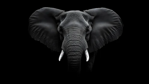 Gentle elephant portrait glowing softly against deep black.