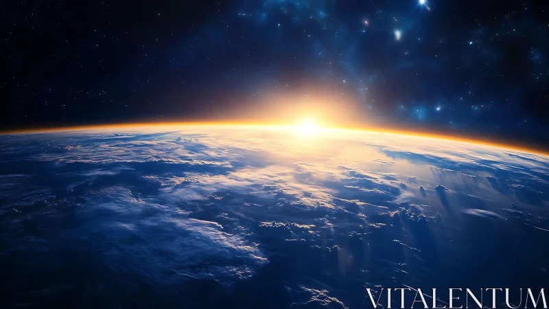 Sunrise over Earth horizon from low orbit with glowing atmosphere