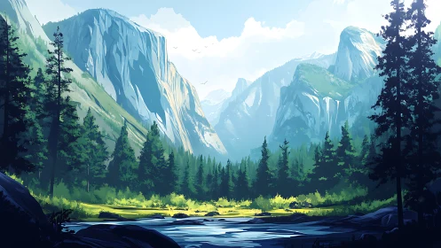 Sunlit alpine valley rendered in stylized digital landscape painting