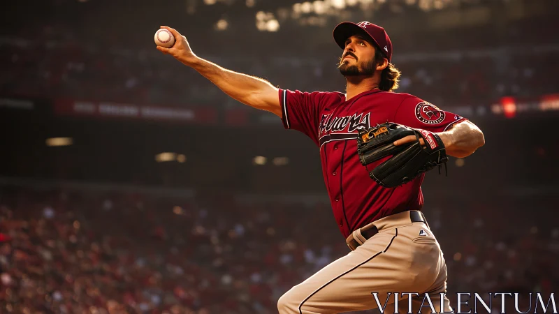 Dynamic baseball pitcher captured mid-throw under stadium lights.