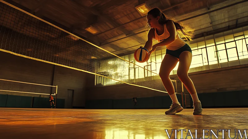 Dynamic indoor volleyball serve under warm directional light.