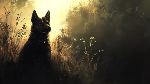 Backlit canine sentinel in atmospheric meadow chiaroscuro.