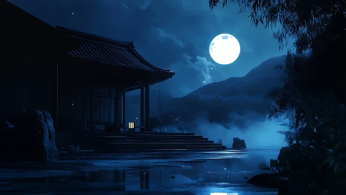 Moonlit temple veranda beside misty blue mountainscape.