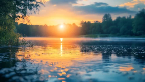 Sunlit horizon reflects across calm, shallow lakeside water
