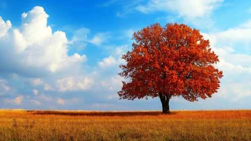 Lone autumn tree stands over golden field under vivid sky