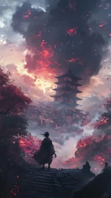 Lone wanderer faces burning pagoda beneath storm of embers.