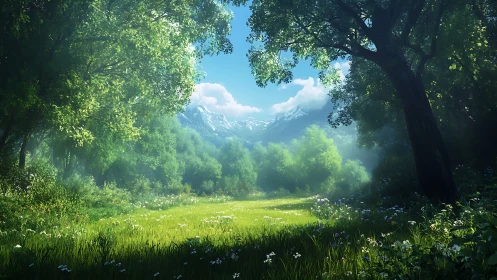 Mountain Valley Rendered in Luminous Greens and Alpine Vistas.