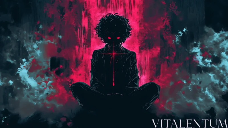 Dark psychic figure glows amid neon red and cyan mist.