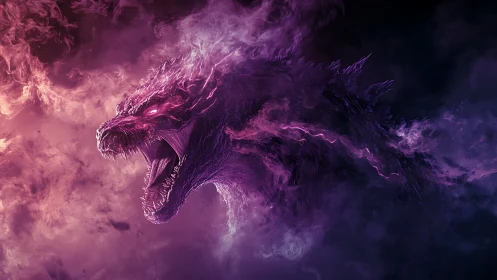 Plasma-wreathed kaiju roar in violet atmospheric turbulence.