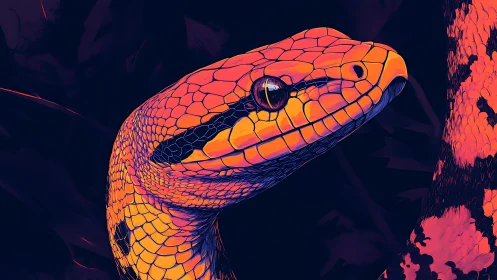 Neon-lit serpent portrait shows high-contrast vector scaling and shading