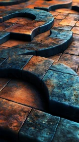 Curved stone pathways in teal and rust-toned relief design.