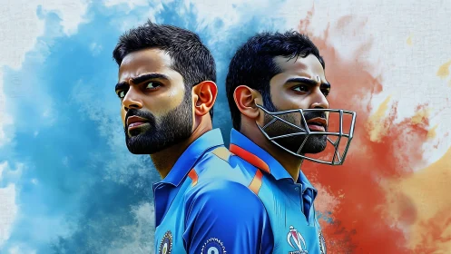 Dual-view digital portrait of cricket player in blue kit.