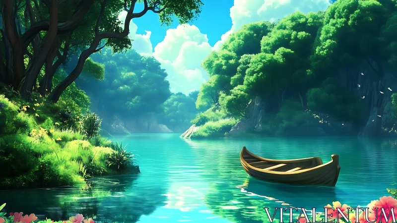 Sunlit forest cove with a resting wooden rowboat.