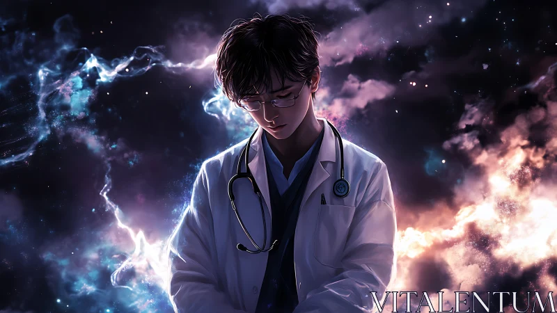 Astrophysical doctor in nebular-lit contemplative isolation.