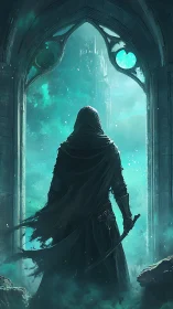 Hooded wanderer pauses at a glowing gothic gateway.