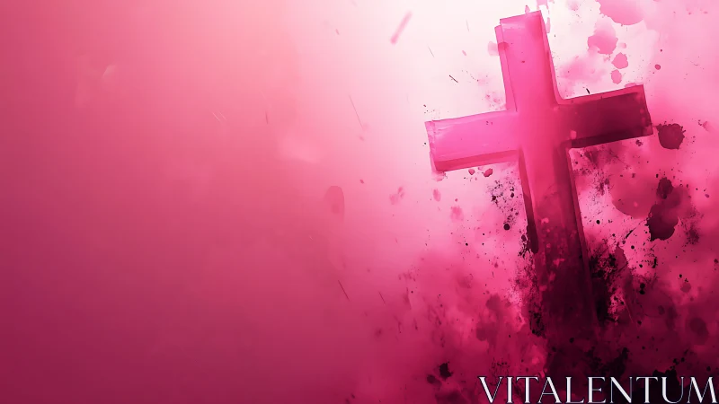 Luminous pink cross explodes through abstract color haze.