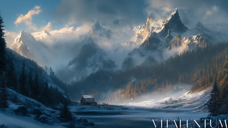 Frostlit mountain valley cradling a lone wooden cabin at dawn.