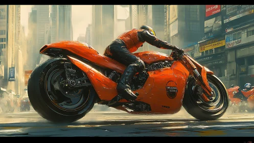 Rider on orange futuristic motorcycle in dense urban street.