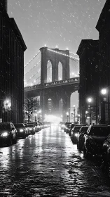 Snowy city street frames illuminated bridge at night