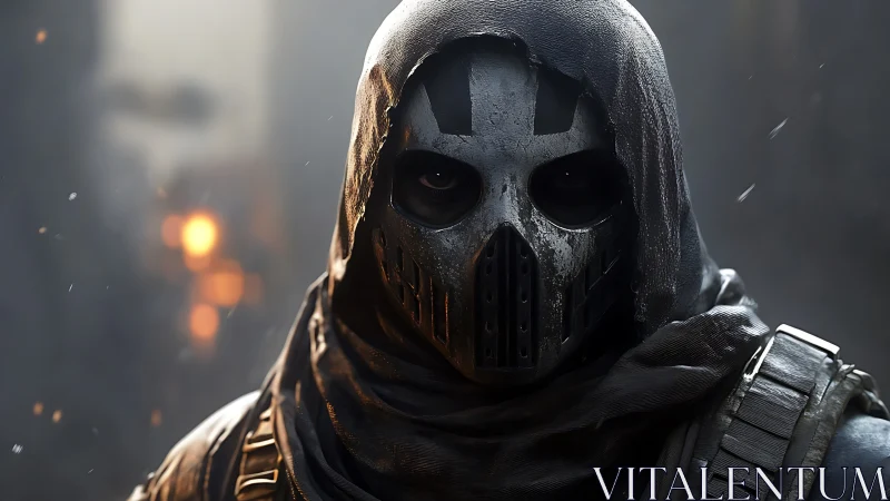 Shrouded masked warrior holds a calm gaze in smoky light