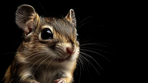 High-contrast rodent portrait with glossy eyes and whiskers.