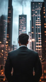 Professional male figure positioned among urban high-rises with illuminated facades at dusk.