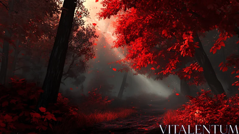 Crimson Veil: Where Autumn Bleeds Through Fog's Whispered Threshold.