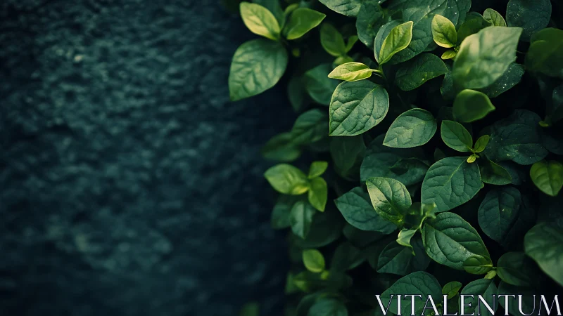 Lush green foliage against textured dark stone wall.